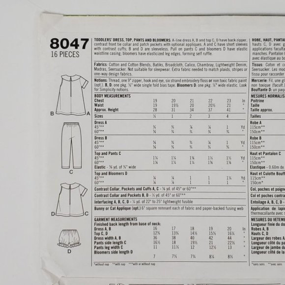 Vintage 1998 Simplicity Toddler's Dress Top Pants Bloomers Sewing Pattern 2,3,4 - Picture 4 of 10